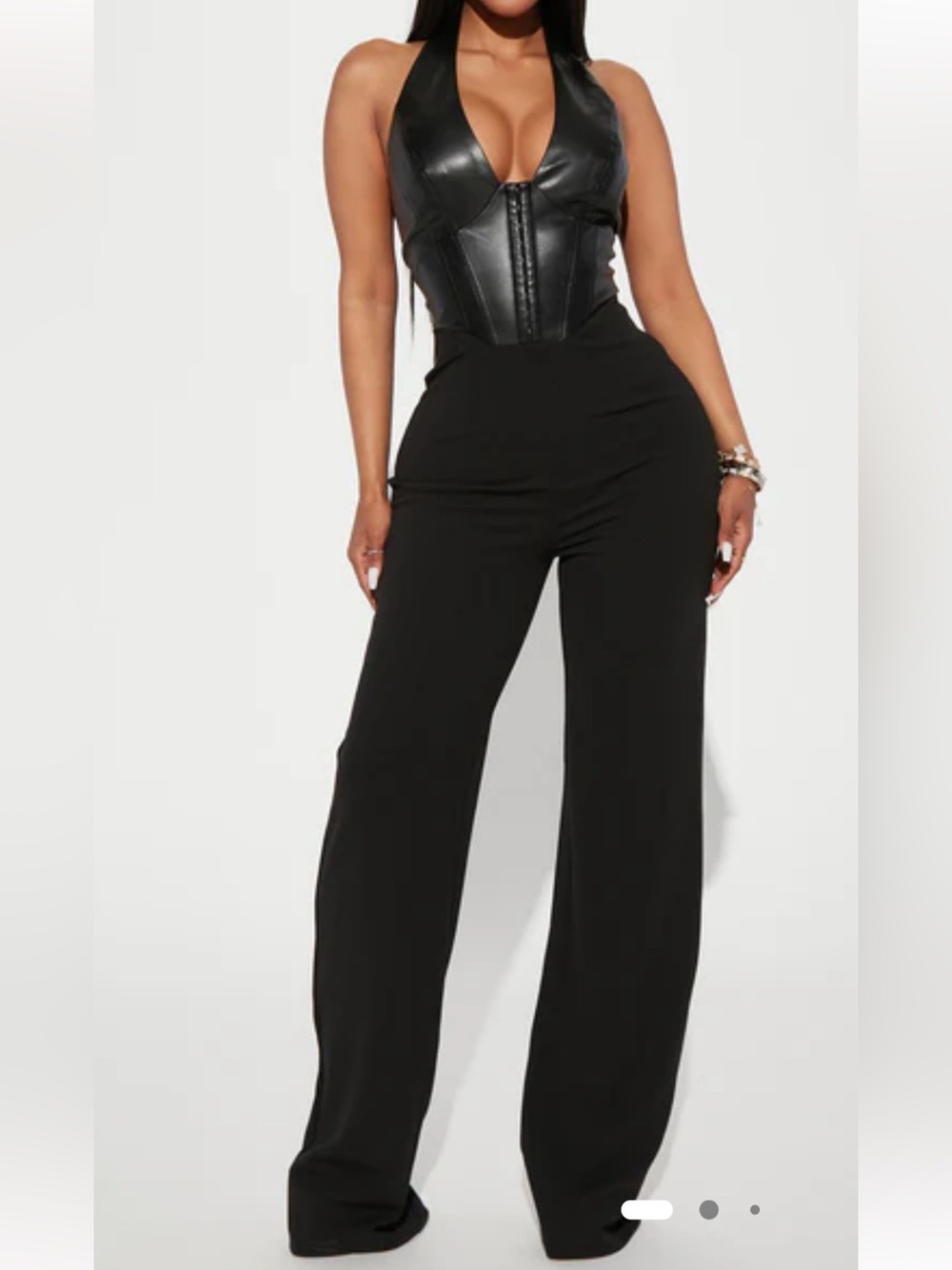 Fashion Nova Black Halter Faux-Leather Bodice Wide-Leg Jumpsuit